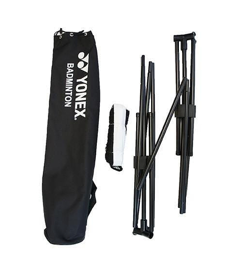 The Yonex AC334EX Portable Badminton Net, by Yonex, includes a compact carry case labeled "Yonex Badminton," a folded metal frame, and a white net strap. These items are neatly arranged on a white background, making it ideal for setting up recreational level play anywhere.
