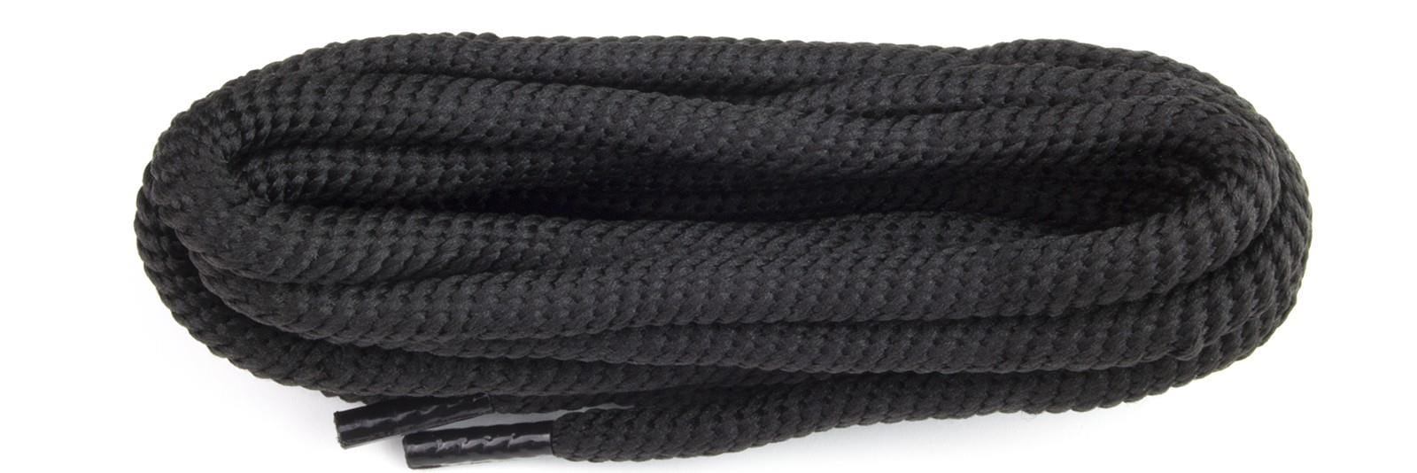 A pair of black Shoestring Polyvelt Twist Badminton Shoe Laces, measuring 140cm and featuring a textured woven pattern with taped ends, reminiscent of durable shoestring laces, lays flat against a white background.