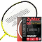 A high-performance yellow and black badminton racket is placed next to a packet of Ashaway Zymax 66 Fire Power Badminton String in white, 0.66mm, 10m, complemented by text highlighting ultimate power and tension maintenance.