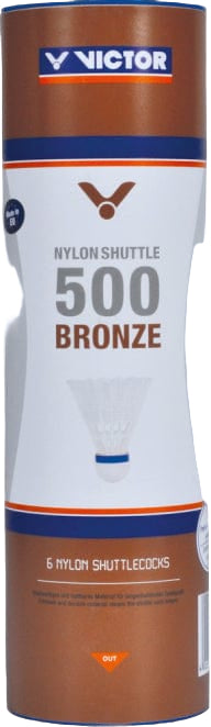 A cylindrical container of Victor 500 Nylon Badminton Shuttlecocks - Yellow Medium - Set of 6, showcasing a blue and orange label with a shuttlecock illustration, is ideal for game enthusiasts looking for durable shuttles.