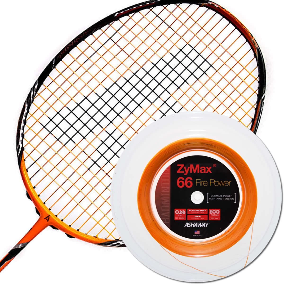 Displayed next to a high-performance badminton racket with a sleek black and orange design is the Ashaway Zymax 66 Fire Power Badminton String, featuring vibrant orange strings on a 200m reel. The reel prominently showcases the specifications and exceptional quality of the 0.66mm strings, ideal for avid players.
