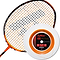 Displayed next to a high-performance badminton racket with a sleek black and orange design is the Ashaway Zymax 66 Fire Power Badminton String, featuring vibrant orange strings on a 200m reel. The reel prominently showcases the specifications and exceptional quality of the 0.66mm strings, ideal for avid players.