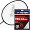 A badminton racket with black strings is displayed alongside a package of Victor VBS 66N Nano 10m Badminton String Set, which is described as "High Resilience" and "Medium Feeling." This string utilizes nano-technology and features dimensions of 0.66mm x 10m for improved control.