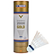 A cylindrical tube labeled "VICTOR 2000 Nylon White Badminton Shuttlecocks" stands beside a single white nylon shuttlecock with a blue band. The packaging, highlighting international tournament quality, indicates it contains six premium shuttlecocks from the brand Victor.