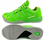 A pair of Karakal KF Pro Lite badminton shoes in vibrant green features a grey sole and a black grip design for superior lateral stability. The words "PROLITE" and "SUPERLITE" are displayed on the shoes, with one shoe shown from the side and the other from the bottom.