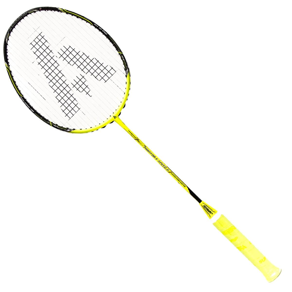 The Ashaway Phantom X Speed II Badminton Racket - Yellow Black features a vibrant yellow frame with a white netted head and black accents. The shaft, emblazoned with the Ashaway logo and text, connects to a handle wrapped in bright yellow grip. Its sleek design, paired with the innovative Phantom Airflow System, effortlessly combines performance and style.