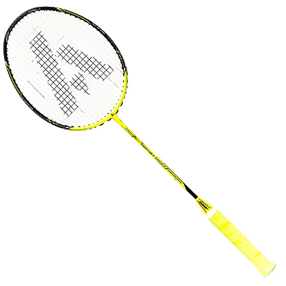 The Ashaway Phantom X Speed II Badminton Racket - Yellow Black features a vibrant yellow frame with a white netted head and black accents. The shaft, emblazoned with the Ashaway logo and text, connects to a handle wrapped in bright yellow grip. Its sleek design, paired with the innovative Phantom Airflow System, effortlessly combines performance and style.