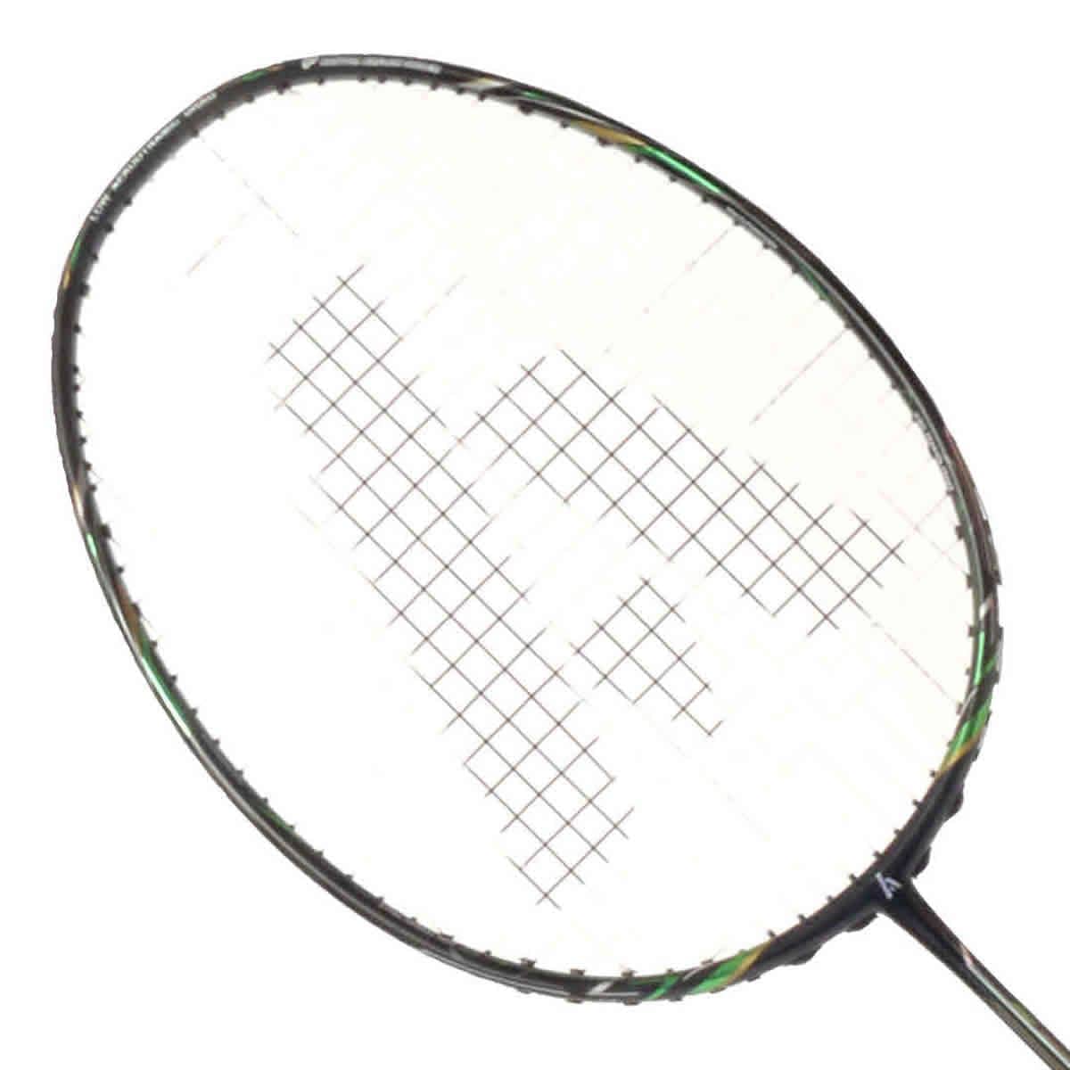 A close-up of an Ashaway Phantom X-Shadow Badminton Racket - Black Green, showcasing its extra slim profile with a black frame and tight stringing against a white background.
