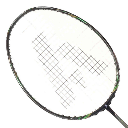 A close-up of an Ashaway Phantom X-Shadow Badminton Racket - Black Green, showcasing its extra slim profile with a black frame and tight stringing against a white background.
