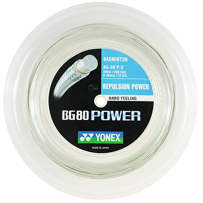 Close-up of the Yonex BG 80P Badminton String White, renowned for its exceptional repulsion power. The label emphasizes a 0.68 mm gauge and a 200 m length with the inscription "Made in Japan." Its bold black, white, and blue colors are eye-catching.