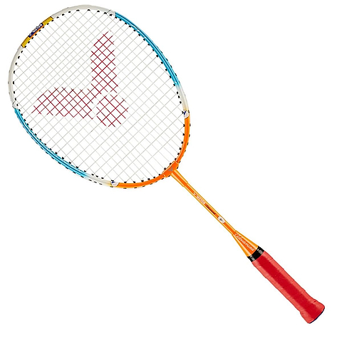 The Victor Advanced Junior Badminton Racket by Victor features an orange frame with blue accents and a red grip. Its string pattern includes a durable multifilament design in the center to enhance play.