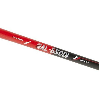 A close-up of a red and black golf shaft labeled "AL-65D01," featuring white and red graphics, evokes the sleek design of the Victor AL-6500 I Badminton Racket by Victor. The shaft has a smooth finish, making it ideal for head-heavy attacking techniques.