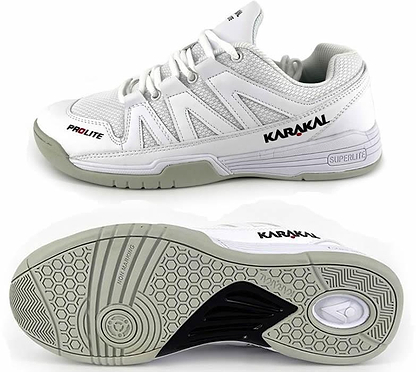 Introducing the Karakal KF Pro Lite Badminton Shoes in White, designed for lateral stability. The top shoe showcases the "Karakal" and "Prolite" brand logos on the side. The bottom shoe is equipped with a textured sole featuring a honeycomb pattern and circular design, offering enhanced comfort with its shock-absorbing gel insole.