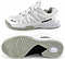 Introducing the Karakal KF Pro Lite Badminton Shoes in White, designed for lateral stability. The top shoe showcases the "Karakal" and "Prolite" brand logos on the side. The bottom shoe is equipped with a textured sole featuring a honeycomb pattern and circular design, offering enhanced comfort with its shock-absorbing gel insole.