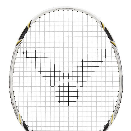 The Victor GJ-7500 Junior Badminton Racket in white features a sleek frame with black strings and showcases a unique V-shaped carbon pattern across the string bed.