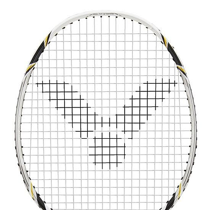 The Victor GJ-7500 Junior Badminton Racket in white features a sleek frame with black strings and showcases a unique V-shaped carbon pattern across the string bed.