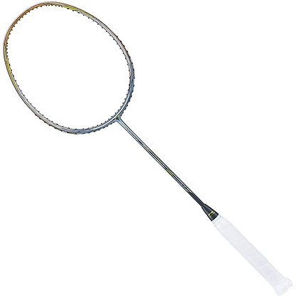 The Li-Ning 3D Calibar 900 Badminton Racket in Gold Grey features a metallic frame, white grip, and advanced 3D Calibar Technology, shown against a plain white background.