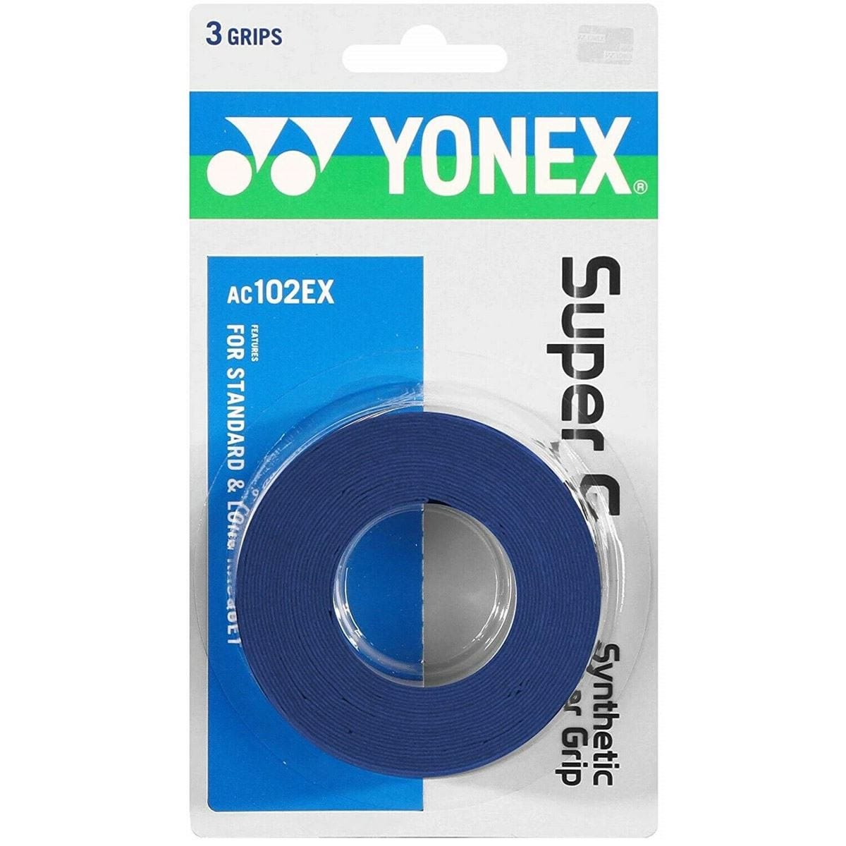 The image showcases the Yonex AC102EX Super Grap Badminton Overgrip, a synthetic overgrip by Yonex renowned for its exceptional sweat absorption. Designed to fit both standard grips and extra-long handles, this blue overgrip prominently displays "3 grips" in blue and green text for enhanced visibility.