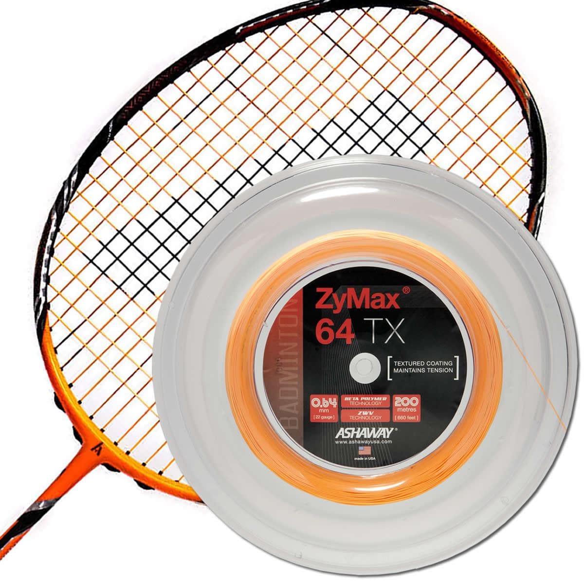 An Ashaway badminton racket paired with the Ashaway Zymax 64 TX Badminton String Orange, featuring a spool that showcases ZyWeave string technology. This vibrant orange string is crafted with BETA polymer fibers for improved tension maintenance and has a gauge of 0.64mm, making it perfect for precision play.
