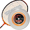 An Ashaway badminton racket paired with the Ashaway Zymax 64 TX Badminton String Orange, featuring a spool that showcases ZyWeave string technology. This vibrant orange string is crafted with BETA polymer fibers for improved tension maintenance and has a gauge of 0.64mm, making it perfect for precision play.