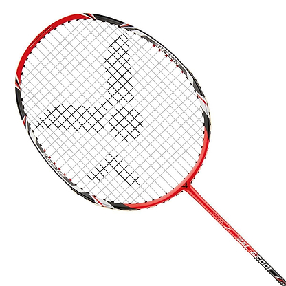 The Victor AL-6500 I Badminton Racket by Victor is ideal for aggressive play, characterized by its head-heavy balance and striking design in black and red. The white strings form a central cross pattern, enhancing its sleek, modern appearance, complemented by the branding on the shaft.