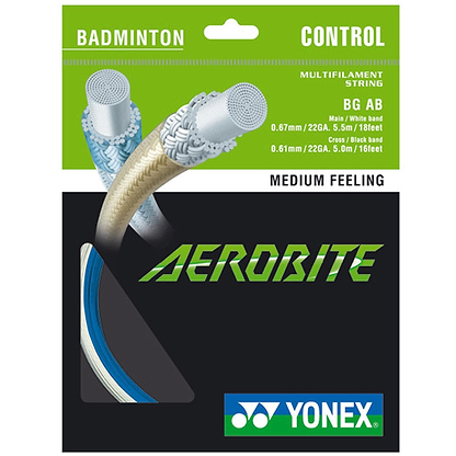 The Yonex AeroBite badminton string packet showcases a dynamic combination of white and blue colors. The label states "Yonex AeroBite Badminton String White Blue - 0.67/0.61mm 10m Packet," emphasizing its hybrid stringing design for enhanced rotating spin, with the Yonex logo prominently displayed at the bottom.