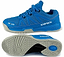 A pair of Karakal KF Pro Lite Badminton Shoes in blue, featuring shock-absorbing gel insoles and gray soles. The upper is made of mesh and synthetic material with "Karakal" written in white. The shoe's sole includes a circular pattern for grip, offering non-marking performance and superior lateral stability.