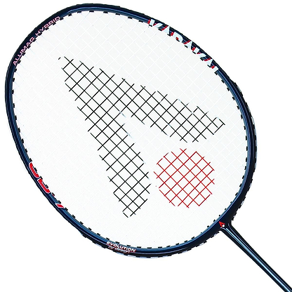 Close-up of the Karakal CB-7 Badminton Racket in navy blue, featuring a striking black frame with a white string bed and an eye-catching red and black design. The racket boasts an isometric head shape for improved accuracy and is equipped with a PU Super grip, enhancing comfort during play.