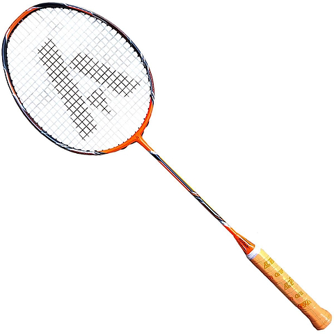 The Ashaway Phantom X Fire II Badminton Racket in orange and black features a white grip, set against a pristine white background.