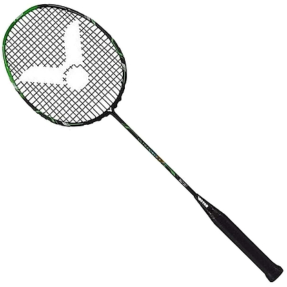 Image of the Victor Ultramate 7 Graphite Badminton Racket - Green Black, an entry-level badminton racket from Victor featuring a black handle and a green and black shaft. The strings create a mesh pattern within the oval frame, highlighted by a white logo design at the center.