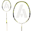 A close-up view of the Ashaway Superlight 10 Hex Badminton Racket - White Green showcases its design with a white and yellow frame. The racket's string pattern forms intersecting lines, complemented by a white grip tape on the handle. Enhanced with Hex technology for improved aerodynamics, the Ashaway logo is visible on the strings.