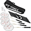 Yonex GR303 Badminton Racket and Net Set includes steel-framed Yonex GR303 rackets, a stylish black Yonex bag, a net with posts, two shuttlecocks, and simple assembly instructions. The rackets feature black grips and white strings with a red pattern.