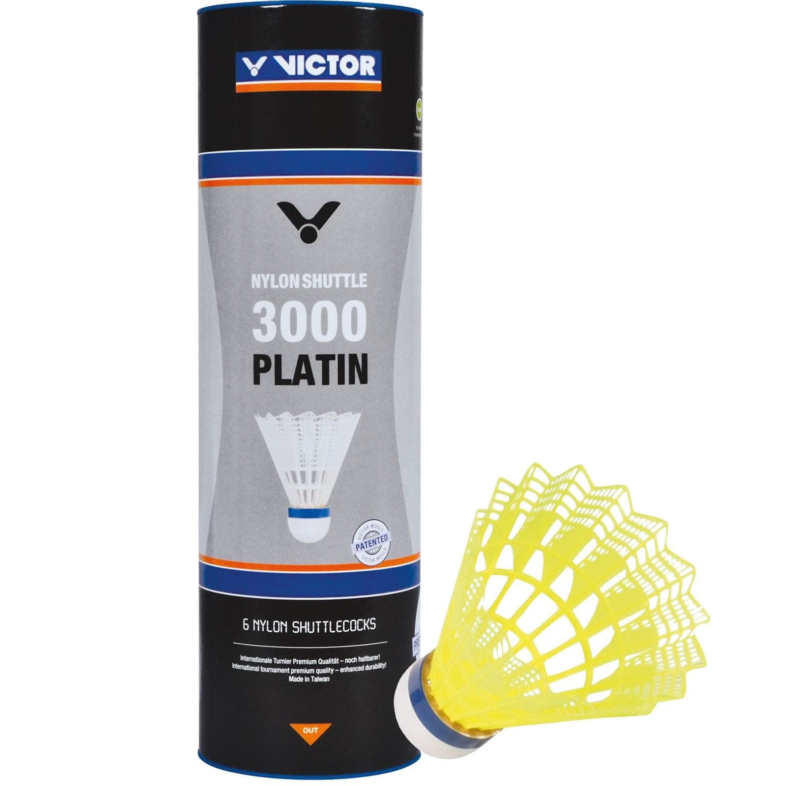 A tube of VICTOR 3000 Nylon Yellow Badminton Shuttlecocks includes six yellow nylon shuttlecocks, known for their outstanding durability. One shuttlecock is prominently displayed in the foreground, and the packaging features a sleek design with text emphasizing its superior quality.