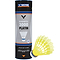 A tube of VICTOR 3000 Nylon Yellow Badminton Shuttlecocks includes six yellow nylon shuttlecocks, known for their outstanding durability. One shuttlecock is prominently displayed in the foreground, and the packaging features a sleek design with text emphasizing its superior quality.