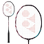 The Yonex Astrox 100 Tour 4U Kurenai badminton racket, part of Yonex's distinguished lineup, displays a dynamic blend of black, red, and white accents. It features a black handle paired with white strings and is adorned with a captivating red pattern. Engineered with a head-heavy balance for enhanced power, the racket's NAMD-enhanced head is highlighted in a close-up image that captures its intricate design and the entirety of the frame.