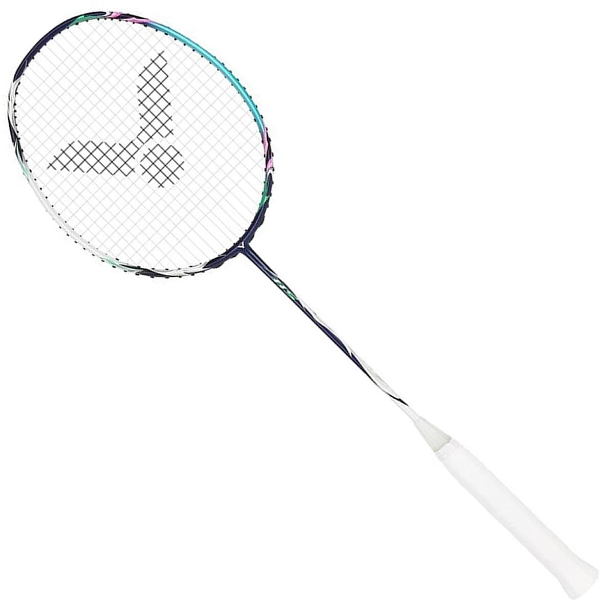 The Victor Auraspeed HS B Badminton Racket - Blue comes with a white grip and a stylish black-and-blue shaft. Perfect for doubles play, its strings create an exact grid pattern using Nano Fortify SR technology, complete with the brand's iconic logo positioned centrally on the head.