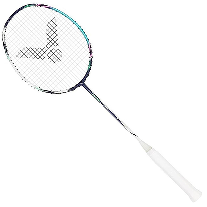 The Victor Auraspeed HS B Badminton Racket - Blue comes with a white grip and a stylish black-and-blue shaft. Perfect for doubles play, its strings create an exact grid pattern using Nano Fortify SR technology, complete with the brand's iconic logo positioned centrally on the head.