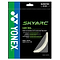 The packaging of the Yonex Skyarc 0.69mm Badminton String in white displays a green and black design, with text emphasizing features such as quick repulsion and shock absorption. The string has a gauge of 0.69mm and comes in a 10m pack, made in Japan by Yonex.
