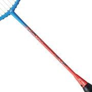 The Yonex Nanoflare E13 Badminton Racket showcases a close-up view with its blue frame seamlessly transitioning to a red shaft. It features an isometric head shape, highlighting the strings at the top, adorned with prominent white text and logos along the shaft.