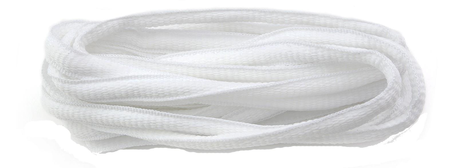 A neatly coiled bundle of Shoestring Oval 6mm Badminton Shoe Laces in white is displayed on a plain white background. The textured and soft laces form a looped, intertwined arrangement, ideal for rejuvenating your favorite pair of badminton shoes.