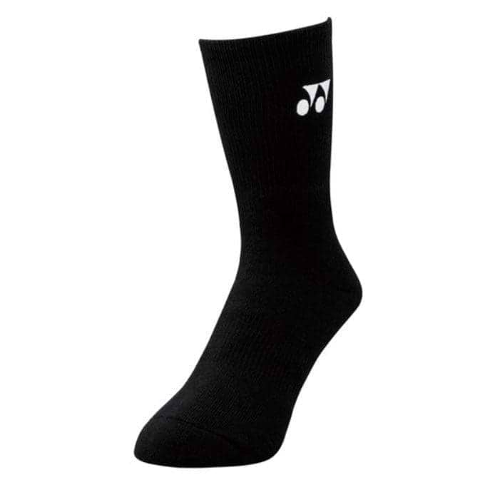 Yonex 19120YX 3D ERGO Crew Black Badminton Socks feature a ribbed design with a small white Yonex logo near the top, offering superior cushioning for all-day comfort.