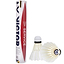 An upright red and white tube labeled "VICTOR Service Badminton Feather Shuttles / Shuttlecocks - Set of 12" from the Victor brand accompanies two side-lying white shuttlecocks. Recognized as bestselling items, these shuttles boast a classic design with a white base and feathers, making them ideal for any match.