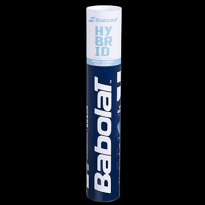 A blue and white canister of Babolat Hybrid tennis balls set against a black background prominently displays the Babolat logo, emphasizing its outstanding durability and comfort. The sleek packaging design makes it as distinctive as the acclaimed flight quality of their Hybrid Badminton Feather Shuttles/ Shuttlecocks - Set of 12.