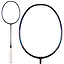 A Li-Ning Windstorm 72 6U badminton racket in black, featuring a white grip and vibrant accents on the frame, is showcased against a white background. Its ultra-lightweight design is emphasized both in the full view and close-up of the head, highlighting its agility and precision for every swing.