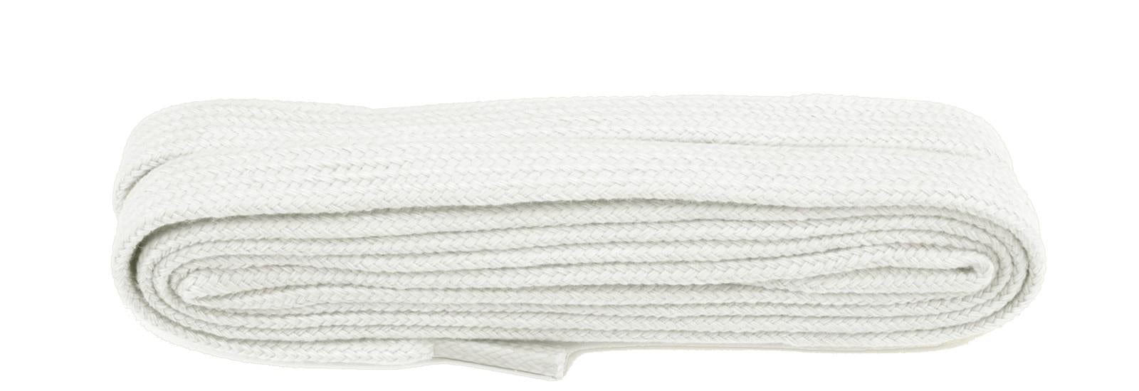 A neatly coiled Shoestring Flat 9mm Badminton Shoe Lace in white, measuring 140cm, is isolated on a plain white background.