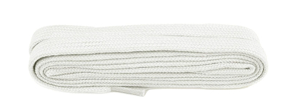 A neatly coiled Shoestring Flat 9mm Badminton Shoe Lace in white, measuring 140cm, is isolated on a plain white background.