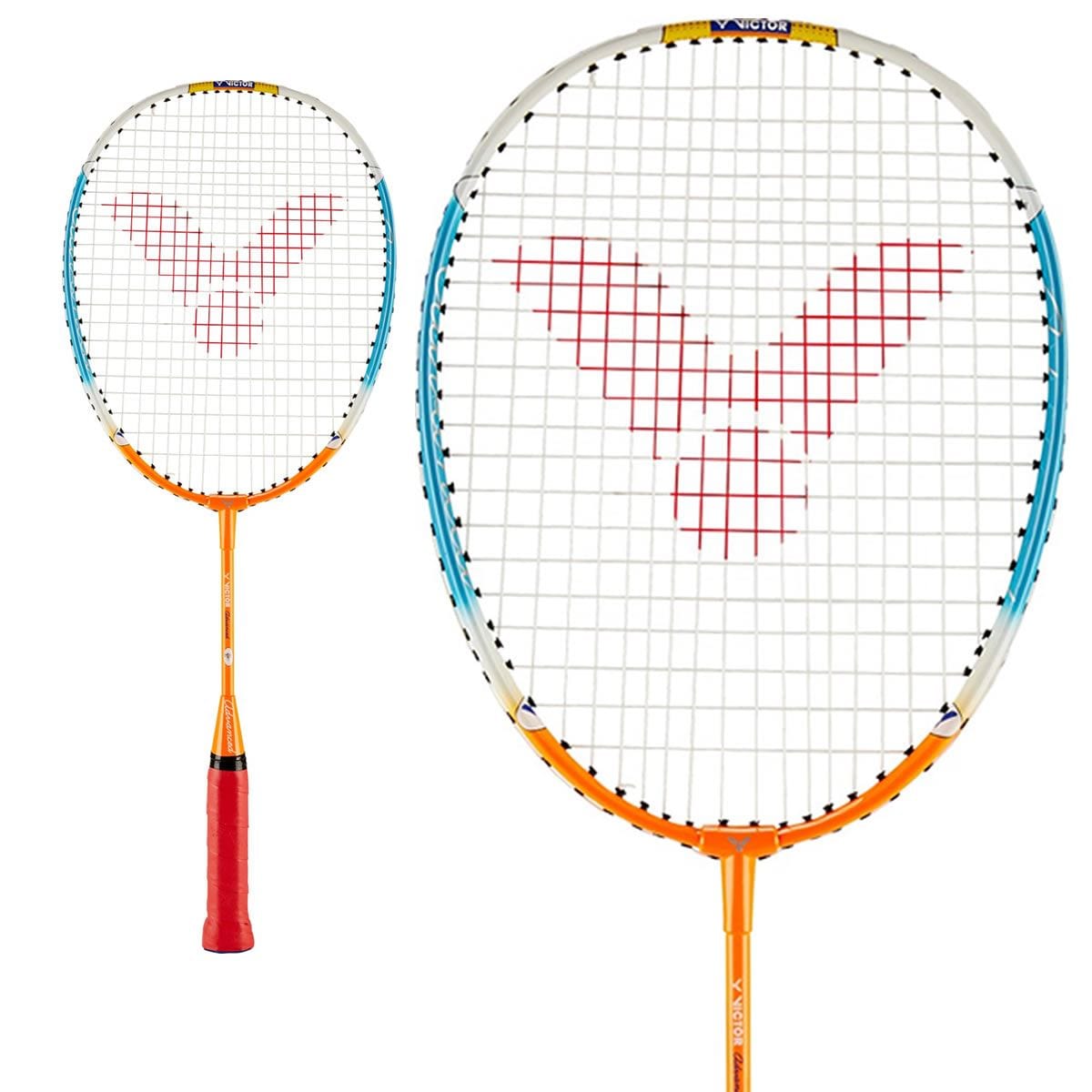 Two Victor Advanced Junior Badminton Rackets equipped with durable multifilament strings and orange short grips. The strings display a red logo, and the frames boast a stylish combination of blue and white.