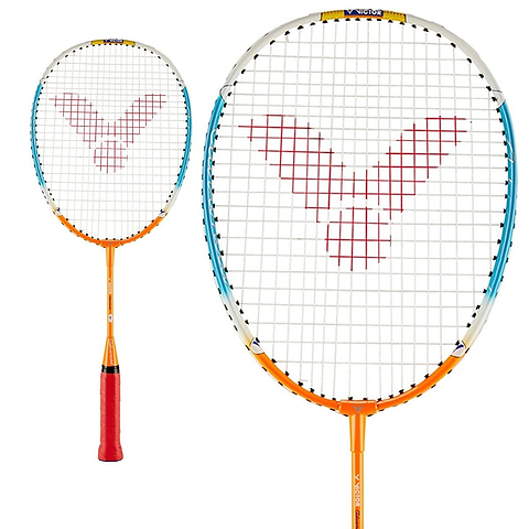 Two Victor Advanced Junior Badminton Rackets equipped with durable multifilament strings and orange short grips. The strings display a red logo, and the frames boast a stylish combination of blue and white.