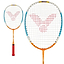 Two Victor Advanced Junior Badminton Rackets equipped with durable multifilament strings and orange short grips. The strings display a red logo, and the frames boast a stylish combination of blue and white.