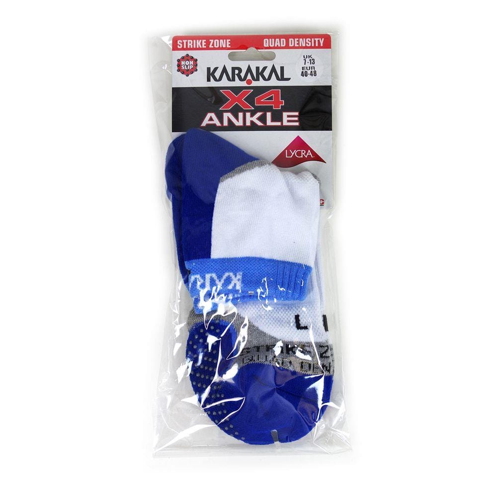 Karakal X4 men's technical ankle badminton socks in white and navy (UK7-UK13) are crafted for peak performance using Cool Tec Material and Lycra. These shock-absorbing socks feature quad density support and cushioning, presented in clear plastic packaging for optimal visibility.